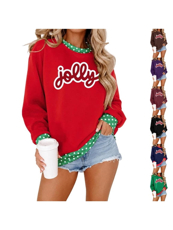 Women's Holiday Jolly Graphic Crewneck Sweatshirt Contrast Polka Dot Casual Top