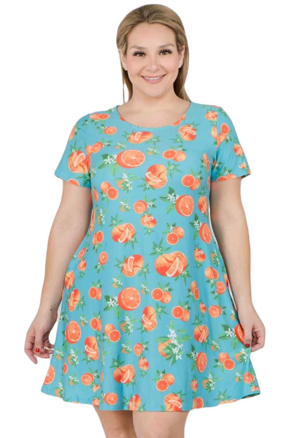 orange fruit dress 1940's Floral Print With Ruffle Eveliina Vintage Featuring a sweet orange fruit print Delray Dress | Oranges