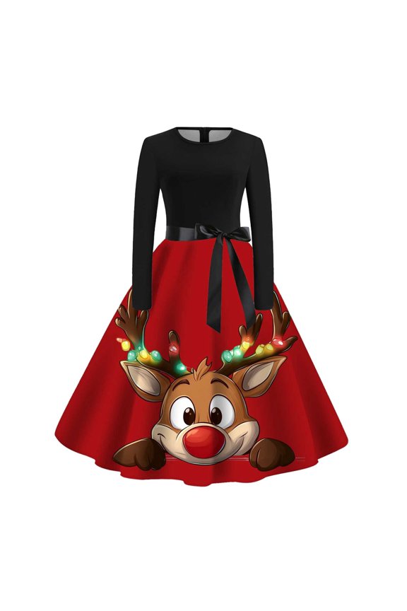 Women's Holiday Printed Long Sleeve Crewneck Casual Dress Festive Comfortable Stylish Party Wear Elegant Flowy Soft Fabric