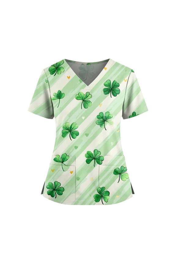 Women's Holiday Scrub Top - Cute St. Patrick's Day Shamrock Print V-Neck Short Sleeve Nurse Uniform Green XXL
