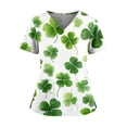 thumbnail image 1 of Women's Holiday Scrub Top - Cute St. Patrick's Day Shamrock Print V-Neck Short Sleeve Nurse Uniform White L, 1 of 3