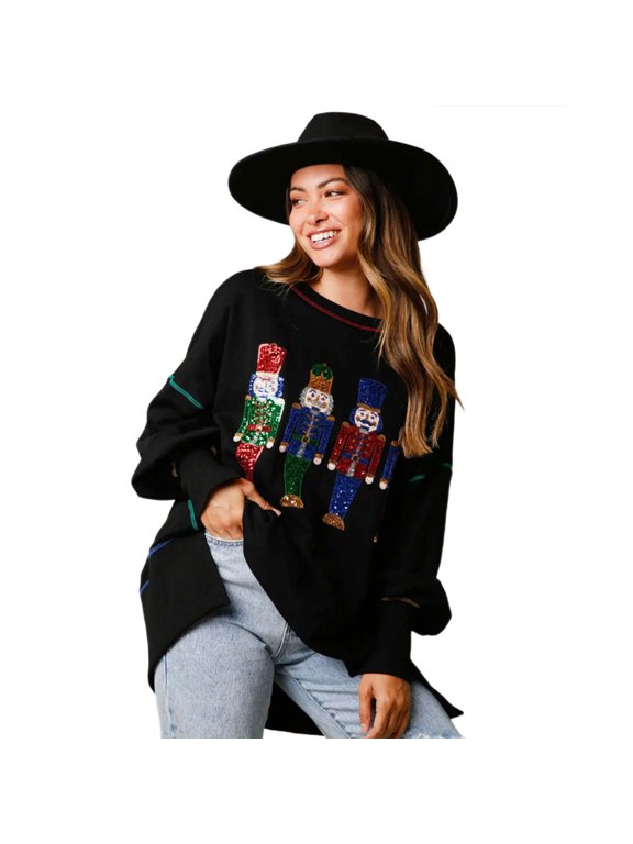 Women's Holiday Sequins Nutcrackers Sweatshirt Long Sleeve Crewneck Christmas Pullover Sweater Top for Holiday Party