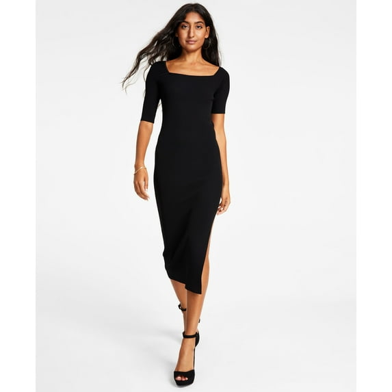 Women's Holland Square-Neck Rib-Knit Midi Dress Black S
