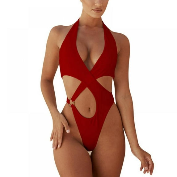 Women's Hollow Bikini Sexy Solid Color One-piece, Red M