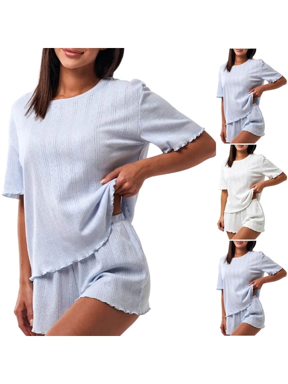 Women's Hollow Out Casual Loungewear Pajama Two Piece Sets, Crew Neck Solid Top & Elastic Waist Pants, Fashion Breathable Medium Weight Summer Daily Home | TruHer,Pink L