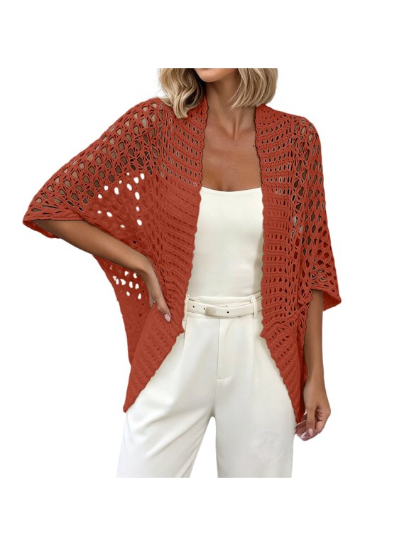 Women's Hollow Out Crochet Knit Open Front Cardigan,Batwing 3/4 Sleeve Lightweight Mesh Summer Cover Up Oversized Relaxed with Curved Cropped Length for Vacation Resort Daily Date Watermelon Red