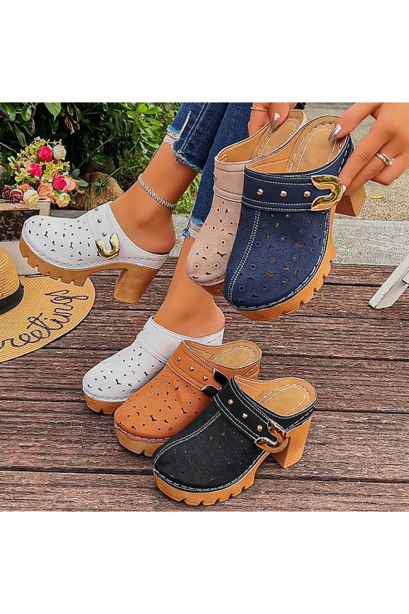 Women's Hollow Cutout Closed Toe Platform Mule Slides Chunky Block Heel Slip On Slippers Breathable Floral Embossed Non Slip Summer Casual Outdoor Footwear