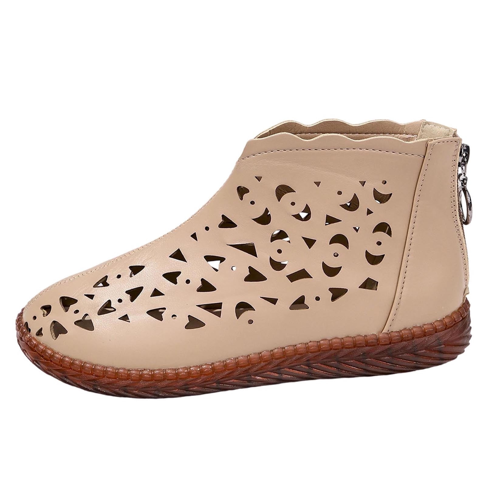 Women's Hollow Cutout Perforated Ankle Booties, Zipper Flat Faux