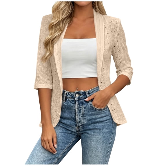 Women's Hollow Eyelet Cardigan Lapel 3/4 Sleeve Open Front Loose Shrug Lightweight Business Casual Jacket Spring Fall office Tops Khaki