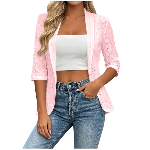 Women's Hollow Eyelet Cardigan Lapel 3/4 Sleeve Open Front Loose Shrug Lightweight Business Casual Jacket Spring Fall office Tops Pink