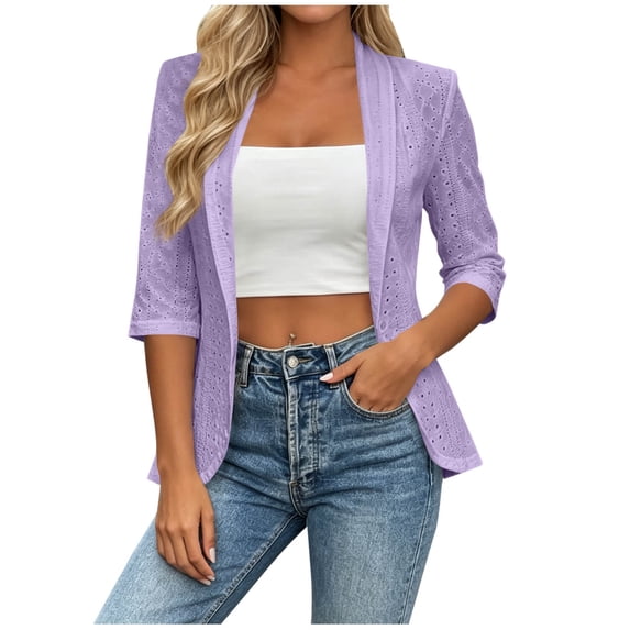 Women's Hollow Eyelet Cardigan Lapel 3/4 Sleeve Open Front Loose Shrug Lightweight Business Casual Jacket Spring Fall office Tops Purple