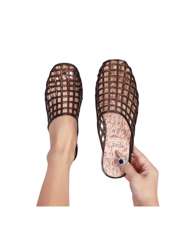 Women's Hollow Jelly Slippers Breathable Flat Casual Summer Lightweight Outdoor Slides Sandals Black 5.5