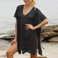 thumbnail image 1 of Women's Hollow out Knit Mini Dress Short Sleeve V Neck Side Lace-Up Sheer Crochet Beach Cover Up for Summer Beach Travel Beach Cover up Set Black One Size, 1 of 4