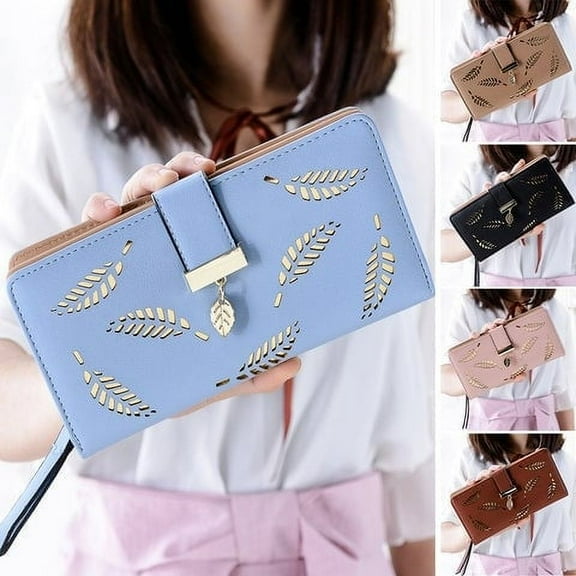 Women's Hollow Leaf Wallet | Long Handheld Bag | Zipper & Buckle Design | Multiple Card Slots | Large Capacity | Synthetic Leather | 19x9.5x3 cm | 5 Colors Available