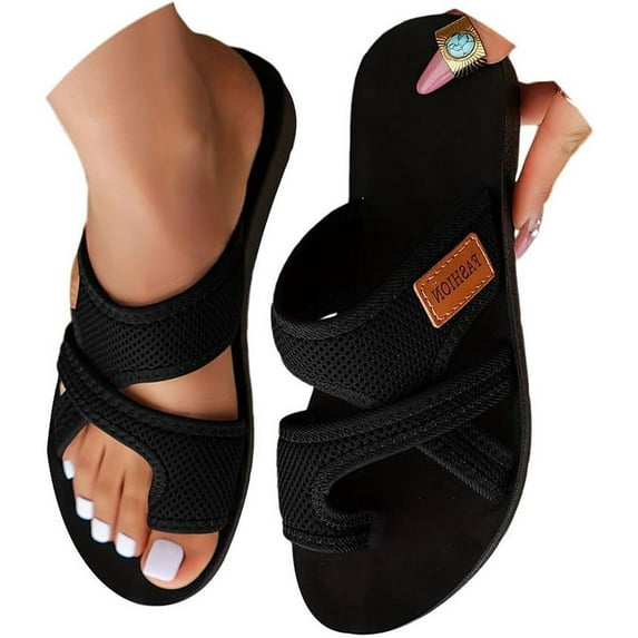 Women's Hollow Mesh Slide Sandals, Breathable Mesh Sandals for Women, Women Comfortable Orthopaedic Slippers Summer Mesh Flats Beach Sandals Mules, 10, Black, 1PCS