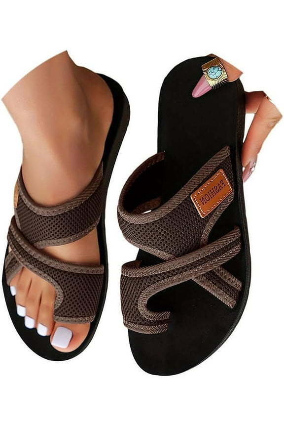 Women's Hollow Mesh Slide Sandals, Breathable Mesh Sandals for Women, Women Comfortable Orthopaedic Slippers Summer Mesh Flats Beach Sandals Mules, 5, Coffee, 1PCS