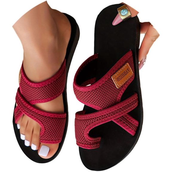 Women's Hollow Mesh Slide Sandals, Breathable Mesh Sandals for Women, Women Comfortable Orthopaedic Slippers Summer Mesh Flats Beach Sandals Mules, 8, Red, 1PCS