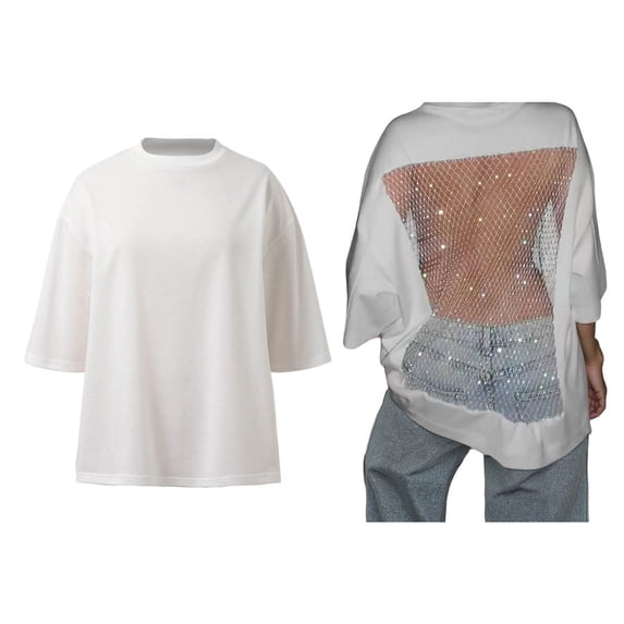 Women's Hollow Mesh shirt Short Sleeve Open Back Tshirt with Rhinestone Going Out Shirts