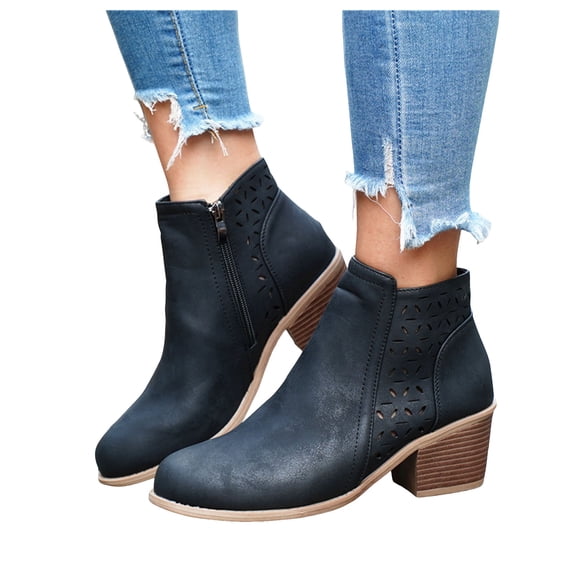 Women's Hollow Out Ankle Boots Chunky Mid Heel Slip On Chelsea Booties Lightweight Dress Shoes with Side Zipper Black Size 8.5