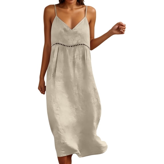 Women's Hollow Out Casual Dress, Fashionable Beach Vacation Summer Gown,Beige,L