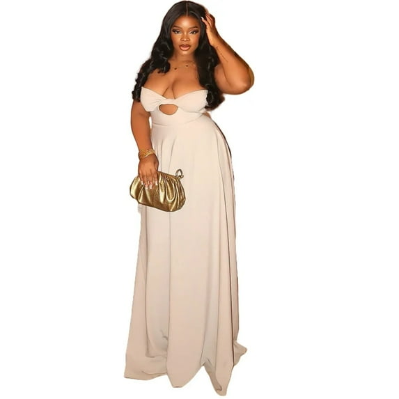 Women's Hollow-Out Chest Wrapped Sleeveless Backless Long Dress, High Waist, Solid Color