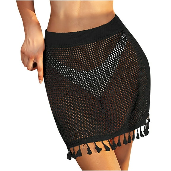 ZQUUVOU Women's Hollow Out Crochet Knit Skirt Drawstring High Waist Mini Cover Up Skirt Black