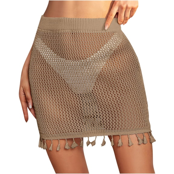 ZQUUVOU Women's Hollow Out Crochet Knit Skirt Drawstring High Waist Mini Cover Up Skirt Khaki