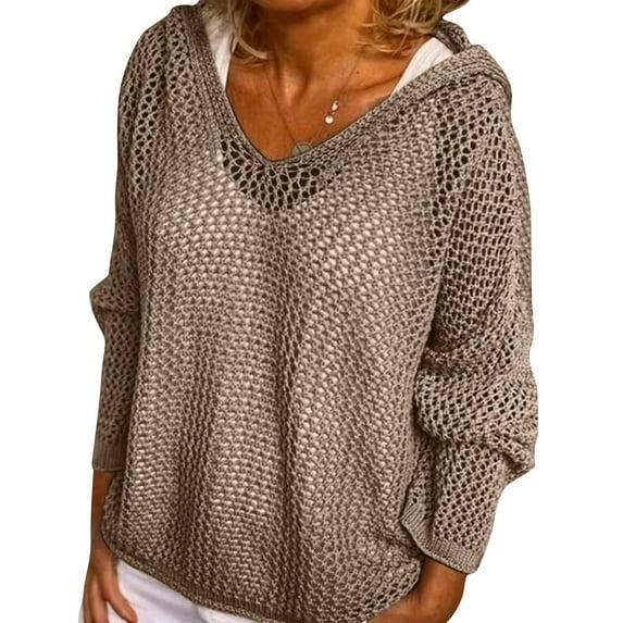 Women's Hollow Out Crochet Sweater Long Sleeve Drop Shoulder Pullover Hoodie Knitwear 03-Dark Gray S