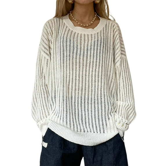 Women's Hollow Out Knit Sweaters Long Sleeve Round Neck Solid Color Pullover
