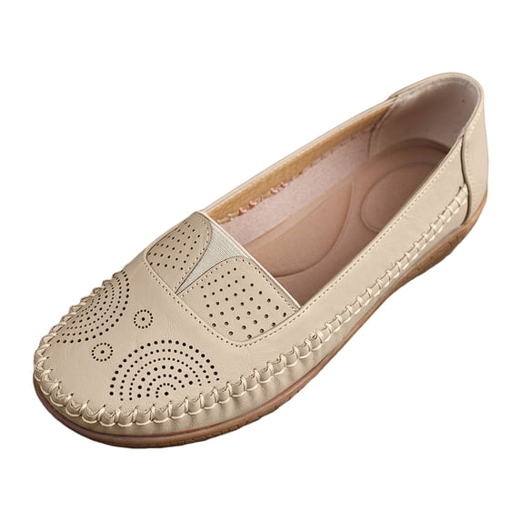 Women's Hollow Out Leather Loafers Slip On Walking Flat Barefoot Shoes Casual Non Slip Driving Walking Shoe Beige Size 6.5