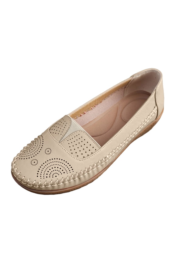 Women's Hollow Out Leather Loafers Slip On Walking Flat Barefoot Shoes Casual Non Slip Driving Walking Shoe Beige Size 8.5