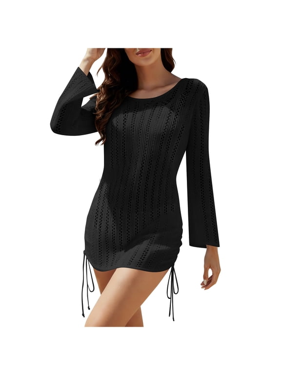 Women's Hollow Out Long Sleeve Tops Drawstring Side Casual Shirts Beach Fall Vacation Blouses