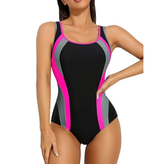 Women's Hollow Out One Piece Training Swimsuit Wider Strap Color Blocked Sport Swimwear