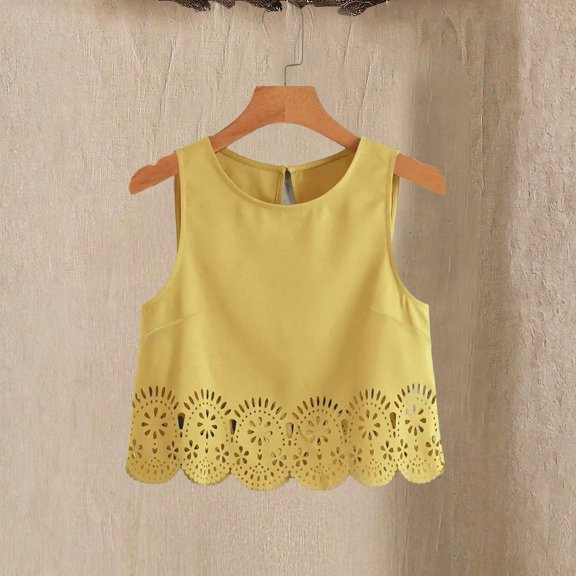 Women's Hollow Out Scallop Trim Crop Top Sleeveless Vest Summer Tank Tops Yellow M