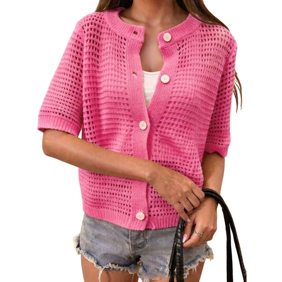 Women's Hollow Out Short Sleeve Knit Cardigan Deep Pink M