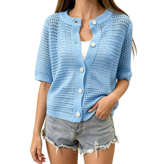 Women's Hollow Out Short Sleeve Knit Cardigan L