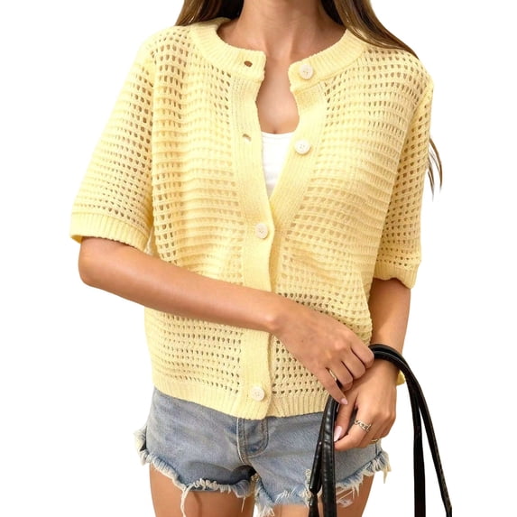 Women's Hollow Out Short Sleeve Knit Cardigan Yellow M