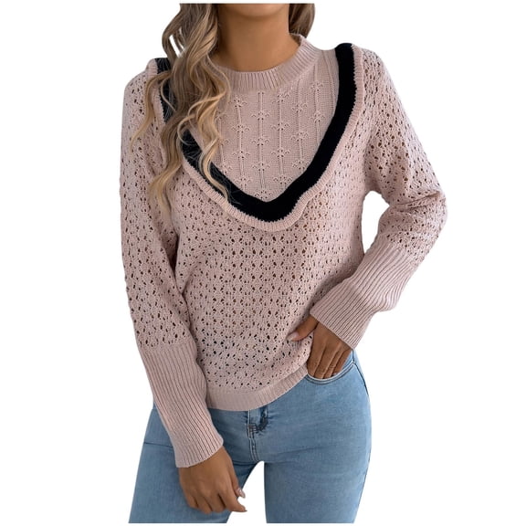 Women's Hollow Sweaters Casual Crew Neck Long Sleeve Pullover Sweater Black Contrast Trim Breathable Stylish Tops Versatile Outfit for Daily Chic