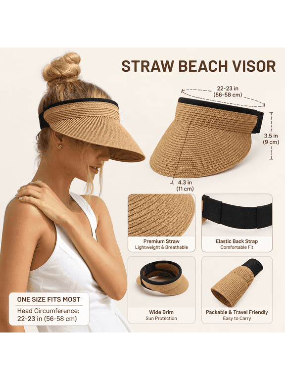 Women's HollowTop Straw Sun Visor Hat, Breathable Packable PonytailFriendly Beach Cap, UPF 80+ UV Protection Summer Travel Outdoor Hat