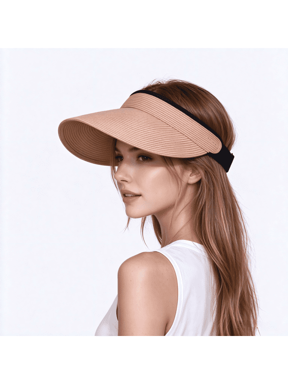 Women's HollowTop Straw Sun Visor Hat, Breathable Packable PonytailFriendly Beach Cap, UPF 80+ UV Protection Summer Travel Outdoor Hat