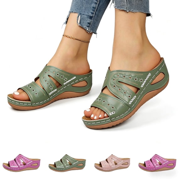 Women's Hollow Out Wedge Sandals, Open Toe Arch Support Platform Slides Sandal,Outdoor Beach Walking Shoes Comfort Embroidery Orthopedic Summer Slippers