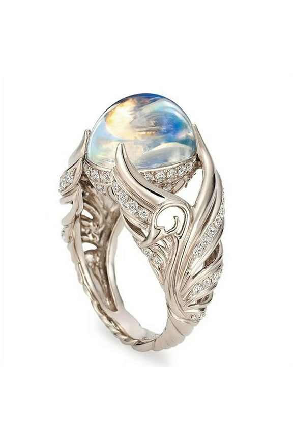 Women's Hollow White Swan Colorful Imitation Moonstone Ring
