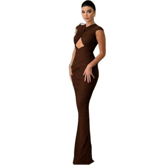 Women's Hollow-out Chest Wrapped Sleeveless Pleated Long Dress, Solid Color