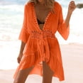 thumbnail image 1 of Women's Hollow out Coverup Dress 3/4 Sleeve V Neck Tie Waist Flowy Cover Up Sheer Beach Boho Vacation Wear Orange S, 1 of 8