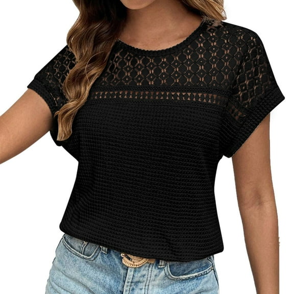 Women's Hollowed Out Breathable Short Sleeve Top - Polyester Spandex Casual T-Shirt, Solid Color, Size S-XXL, Recommend Light Underwear