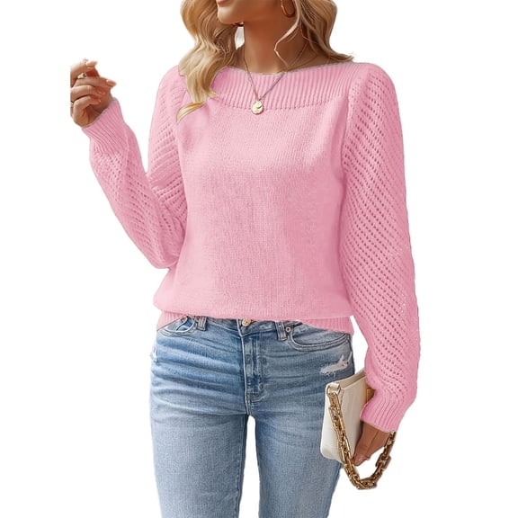 Women's Hollowout Long Sleeve Knit Pullover Top Loose Fit Crewneck Sweater For Daily Wear Office Outing Holiday Outfits