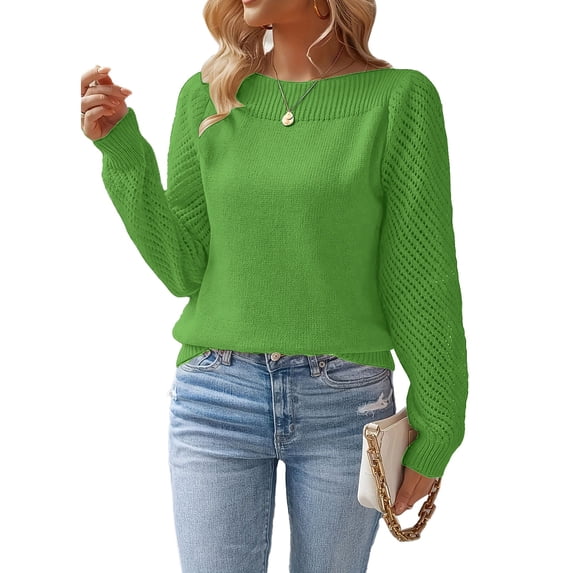 Women's Hollowout Long Sleeve Knit Pullover Top Loose Fit Crewneck Sweater For Daily Wear Office Outing Holiday Outfits