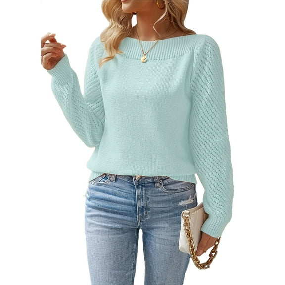 Women's Hollowout Long Sleeve Knit Pullover Top Loose Fit Crewneck Sweater For Daily Wear Office Outing Holiday Outfits
