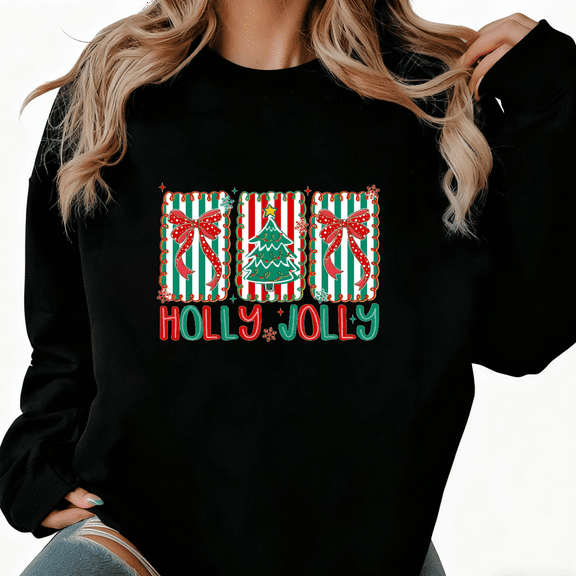 Women's Holly Jolly Christmas Printed Round-neck Long-sleeved Cotton Sweatshirt Black S-3XL
