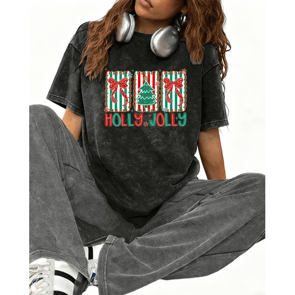 Women's Holly Jolly Tree Bow Striped Washed Graphic Crew Neck Printed Cotton T-Shirt Tee Top Festive Holiday Apparel Short Sleeve Casual Wear Black S-5XL Plus Size
